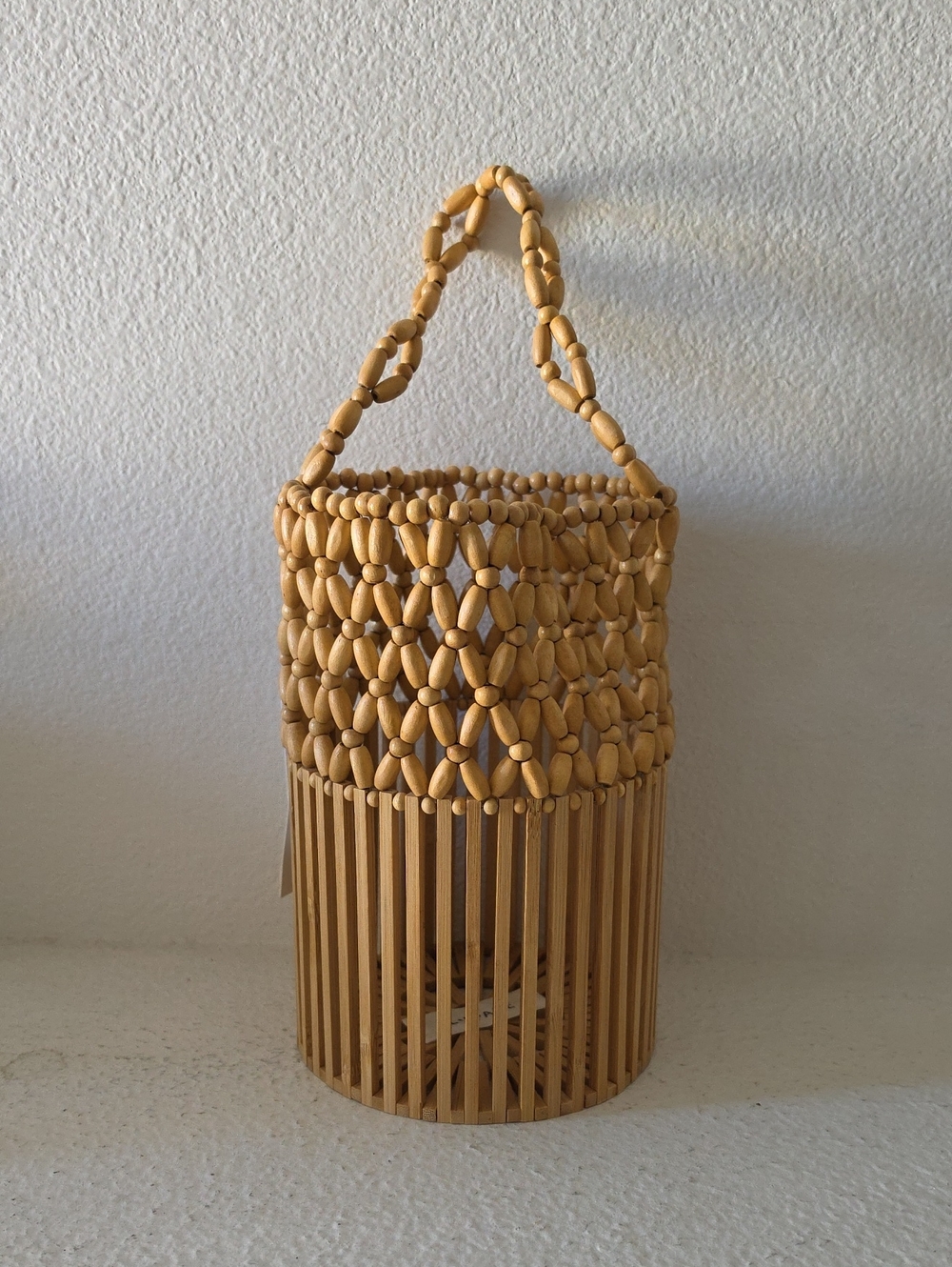 L*Space Casanova Natural Wood Beaded Beach Bucket Bag NWT
